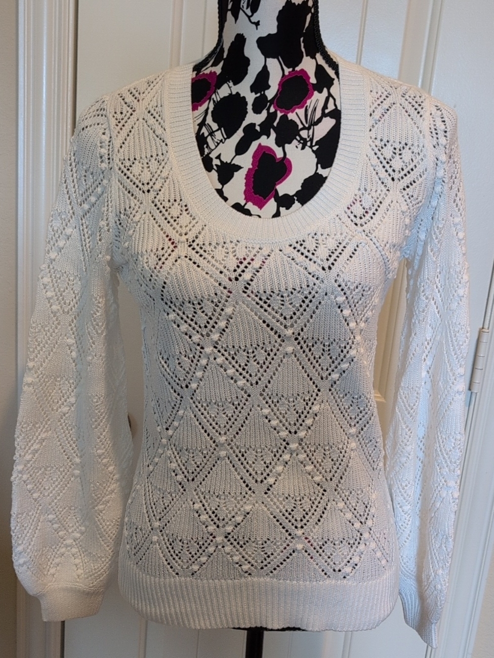 LOFT White Cotton Openwork Scoop Neck Sweater Size Small NWT